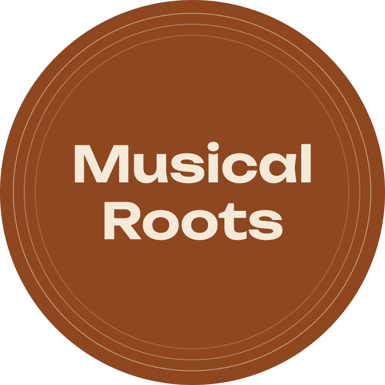 Musical Roots logo: a corten vinyl record with the wordmark in cream